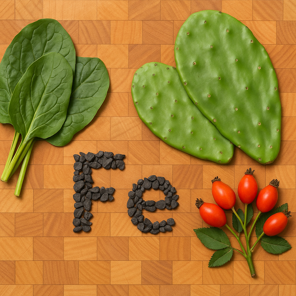 Spinach, nopal cactus and rose-hips on a butcher block, surrounding the chemical symbol “Fe” spelled with black iron stones