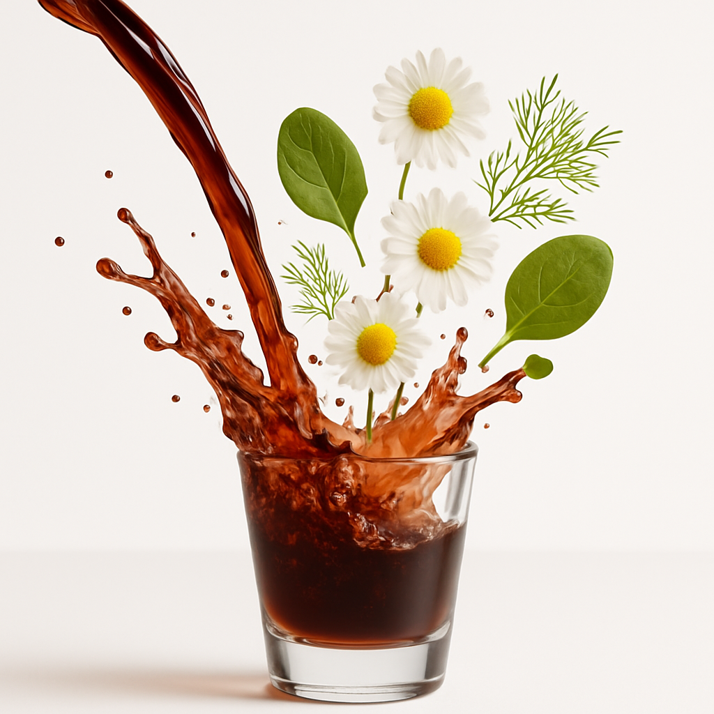 Buried Treasure Herbal Iron vegan liquid iron supplement pouring into shot glass, chamomile, spinach, fennel swirling out.