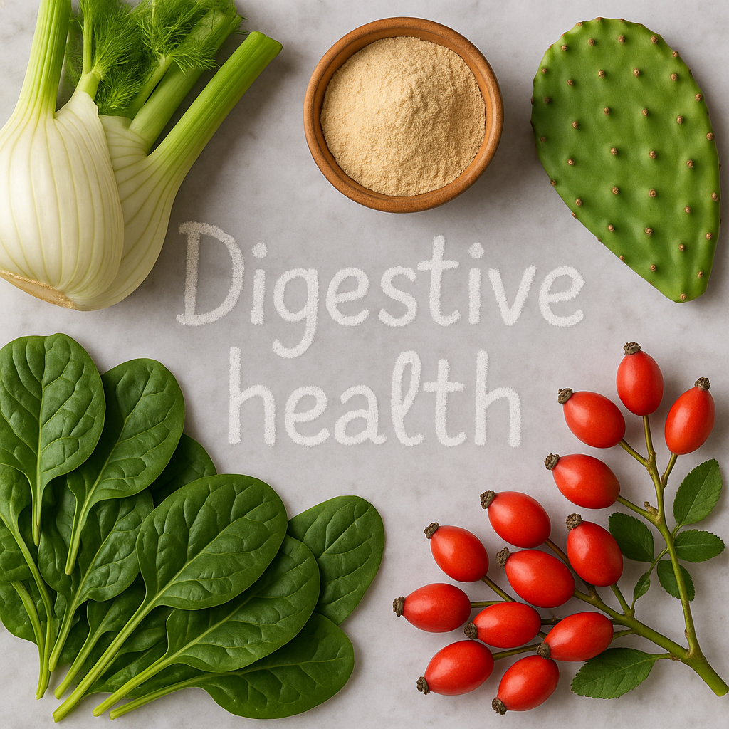 Alt Image Photorealistic fennel, baobab, spinach, nopal & rose-hips arranged on marble around “Digestive Health” chalked in center