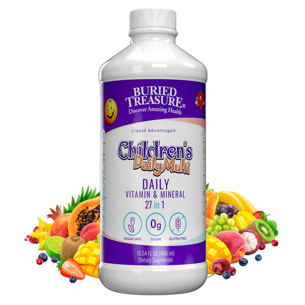 A bottle of Buried Treasure Children's Daily Liquid Multivitamin with various fruits and vegetables around it, indicating natural flavors.
