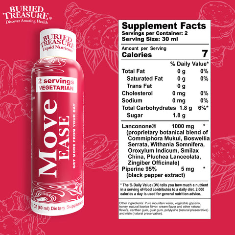 New Move Ease Joint and Muscle Support with proprietary blend of Lanconone® and Piperine black pepper extract Buried Treasure Liquid Vitamins and Nutrients