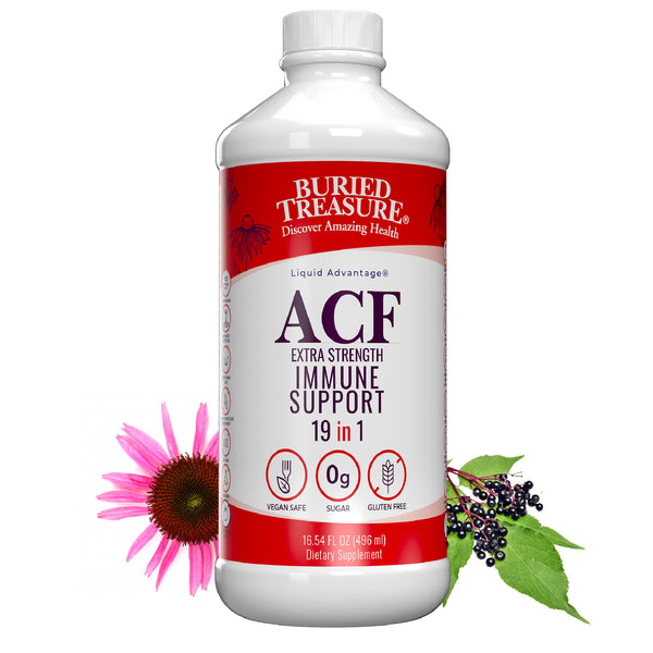 A bottle of Buried Treasure ACF Extra Strength Immune Support liquid supplement, featuring images of a elderberry and other herbs around it.