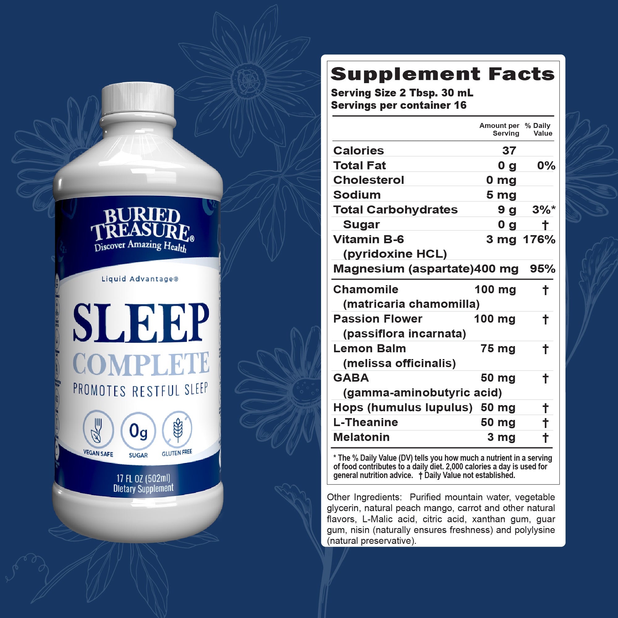 Image of Buried Treasure Sleep Complete with supplement facts showing Chamomile, Passion Flower, Lemon Balm, GABA and other ingredients that promote sleep and relaxation. 
