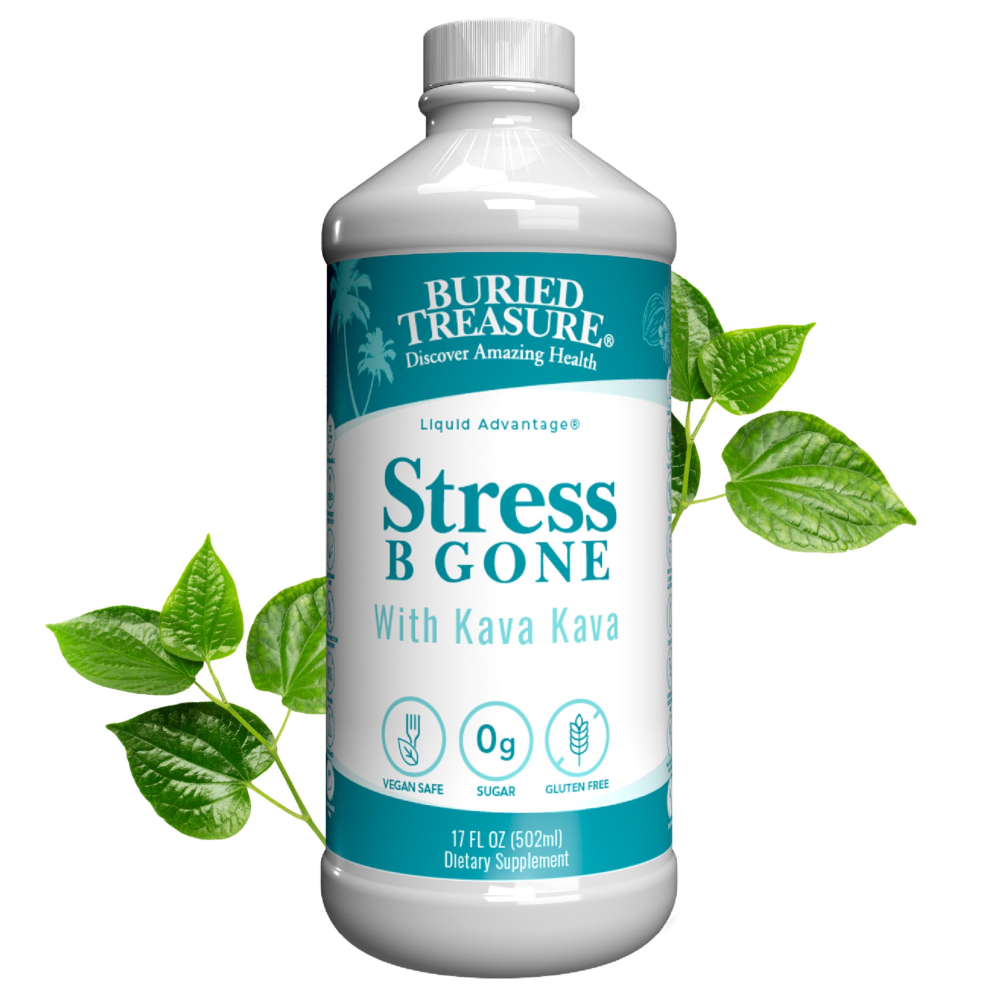 A bottle of Buried Treasure Stress B Gone Liquid Supplement with Kava Kava. The label is white with blue and green text, and it is depicted with leaves around it.