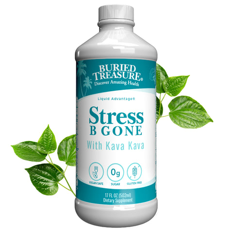 A bottle of Buried Treasure Stress B Gone Liquid Supplement with Kava Kava. The label is white with blue and green text, and it is depicted with leaves around it.